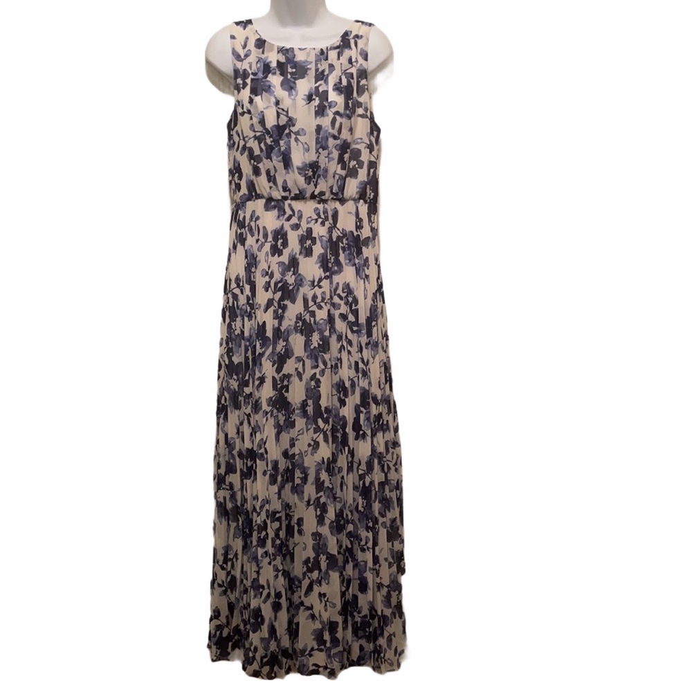 Eliza J Blue & White Pleated Floral Chiffon Maxi